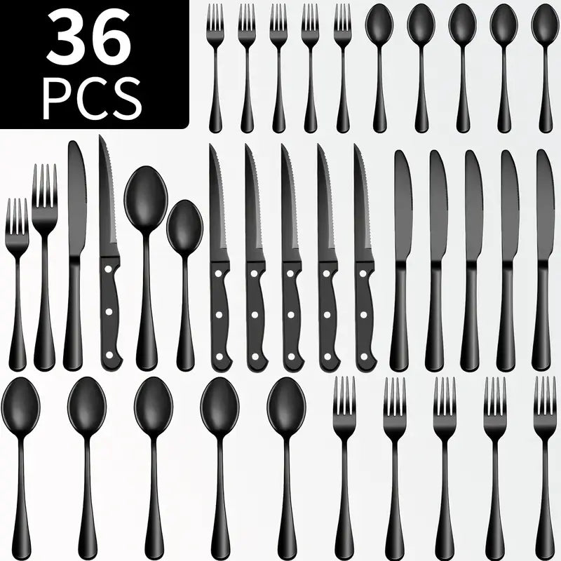 Luxury Stainless Steel Cutlery Set for 6/12 – Black & Silver Mirror Finish Flatware, Perfect Christmas, Wedding & Thanksgiving Gift