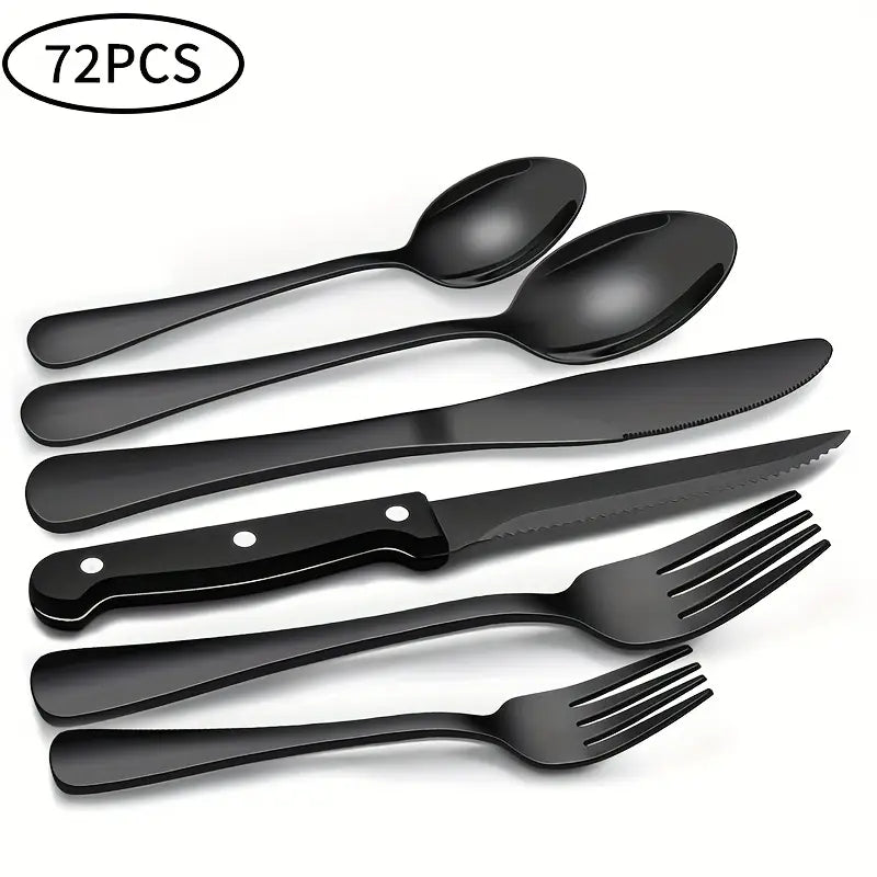 Luxury Stainless Steel Cutlery Set for 6/12 – Black & Silver Mirror Finish Flatware, Perfect Christmas, Wedding & Thanksgiving Gift
