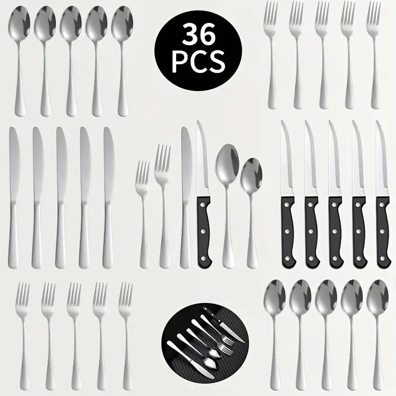 Luxury Stainless Steel Cutlery Set for 6/12 – Black & Silver Mirror Finish Flatware, Perfect Christmas, Wedding & Thanksgiving Gift