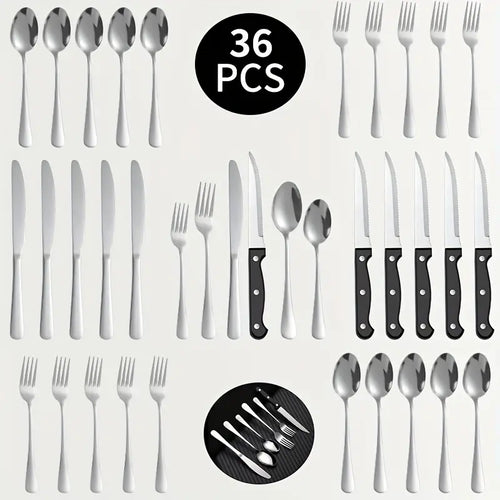 Luxury Stainless Steel Cutlery Set for 6/12 – Black & Silver Mirror Finish Flatware, Perfect Christmas, Wedding & Thanksgiving Gift