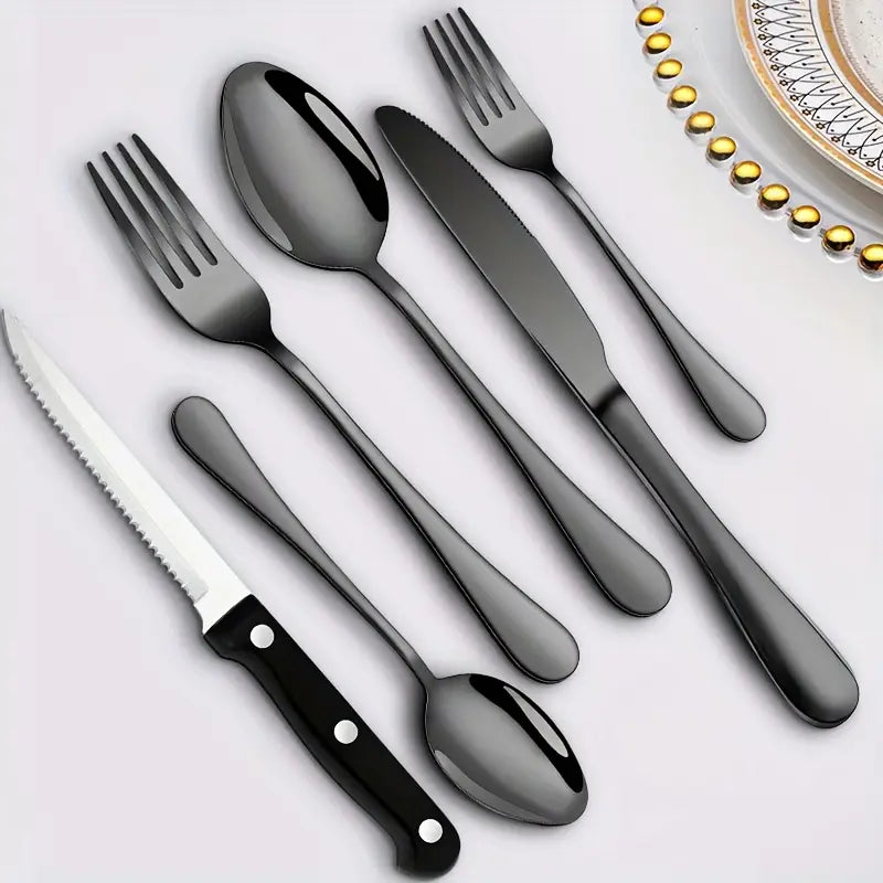 Luxury Stainless Steel Cutlery Set for 6/12 – Black & Silver Mirror Finish Flatware, Perfect Christmas, Wedding & Thanksgiving Gift